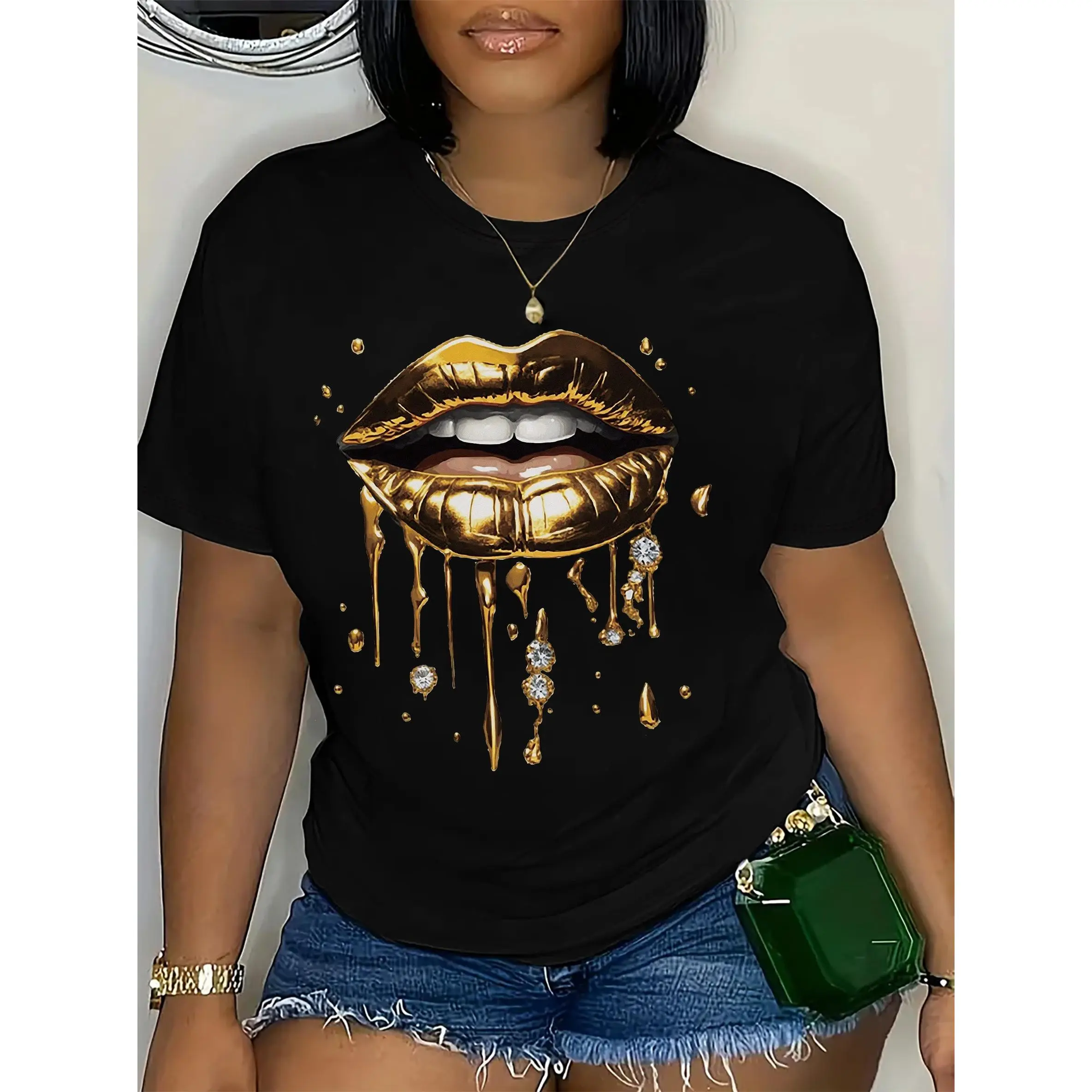 Stylish women's black T-shirt with gold lip print - casual version, short sleeve, round neck, polyester, machine washable - perfect for summer