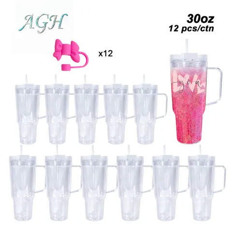 AGH US New 30oz Snow Globe Acrylic Plastic Double Walled Travel Handle Mug Tumbler 10/12pcs with Straw Topper