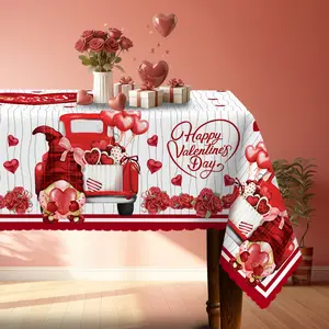 1pc Valentine'S Day Tablecloth | Red Heart Balloons, Roses, Vintage Truck Pattern - Happy Valentine'S Day Words - Rectangular, Easy to Clean Polyester Fabric - Suitable for Romantic Dinners, Parties, Kitchen Decoration - KARABAO Brand