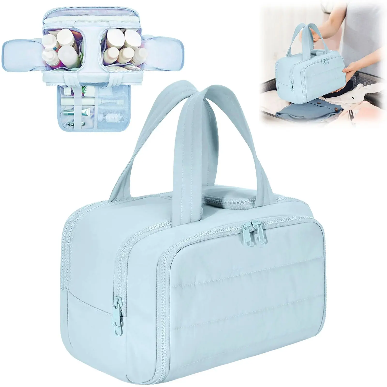 Travel Toiletry Bag,Lightweight Large Wide-open Travel Bag for Women,Puffy Cosmetic Makeup Bag Organizer with Handle for Accessories,Essentials,Toiletries,Grayish