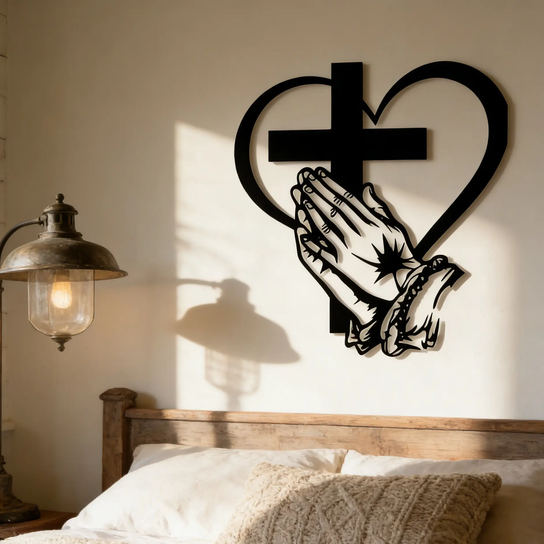 1 piece of vintage Christian Heart&Cross metal wall art, Artwork for Walls, "Prayer Hand" design, iron sculptures for indoor/outdoor decoration, courtyard or holiday home decoration, room decor, Religious home decor