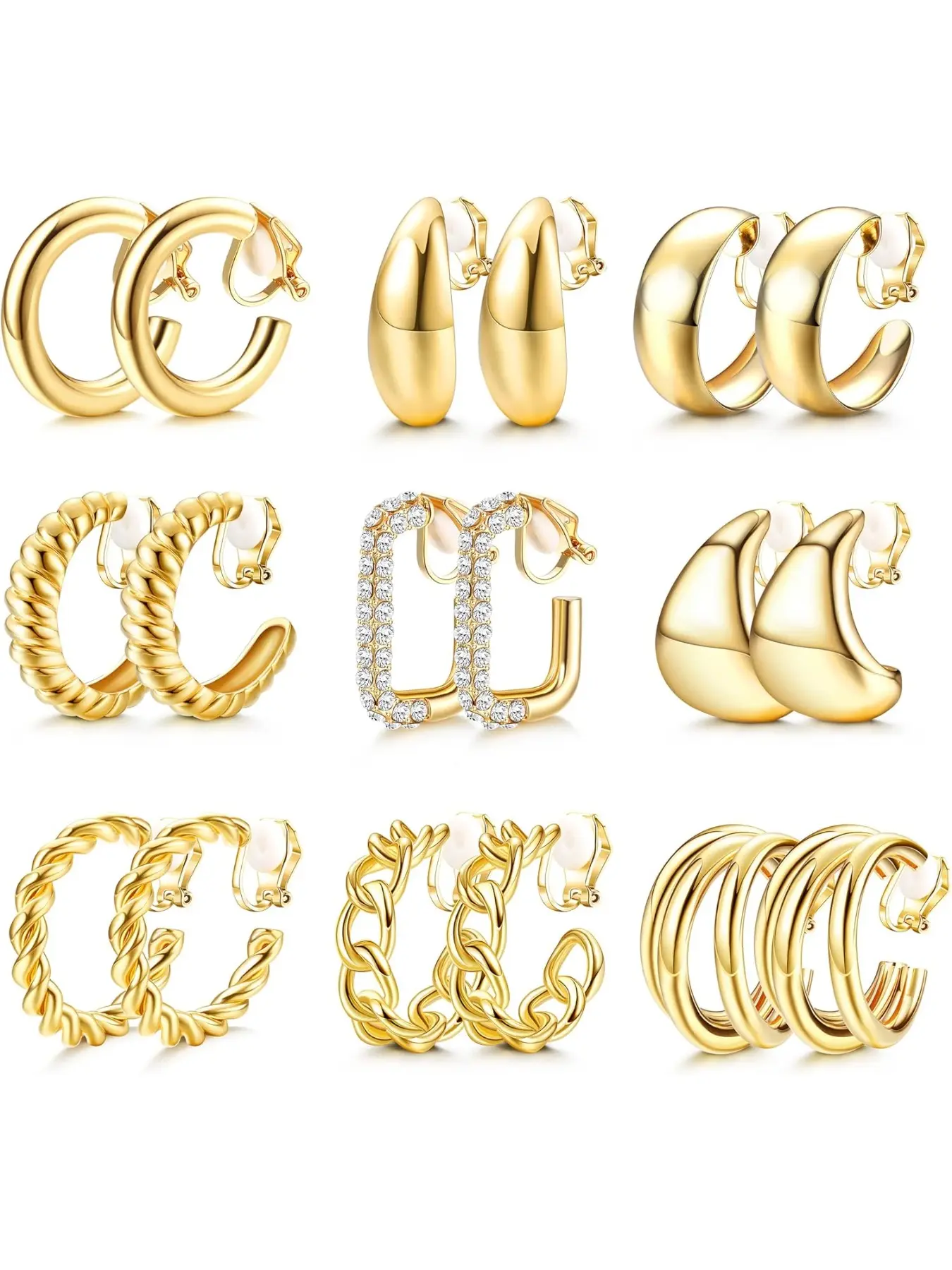 9 Pairs Gold Clip on Earrings for Women Gold Plated Waterdrop Chunky Clip on Hoop Earrings No Piercing Fake Earrings Set Shining Earrings Fashionable Jewelry Accessories
