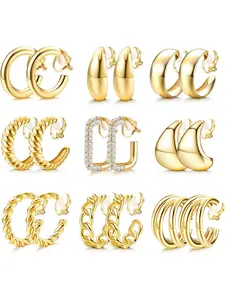 9 Pairs Gold Clip on Earrings for Women Gold Plated Waterdrop Chunky Clip on Hoop Earrings No Piercing Fake Earrings Set Fashionable Jewelry Accessories