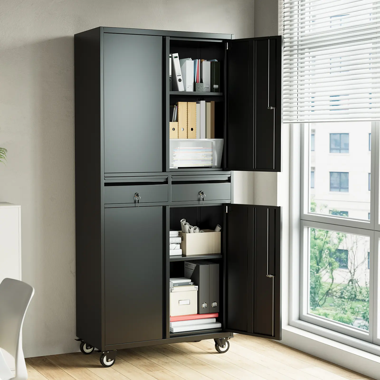 Mobile File Cabinet with Adjustable Shelves, 2 Drawers, Adjustable Shelves, Lockable Doors, Mobile Wheels, Secure File Organizer for Office or Garage