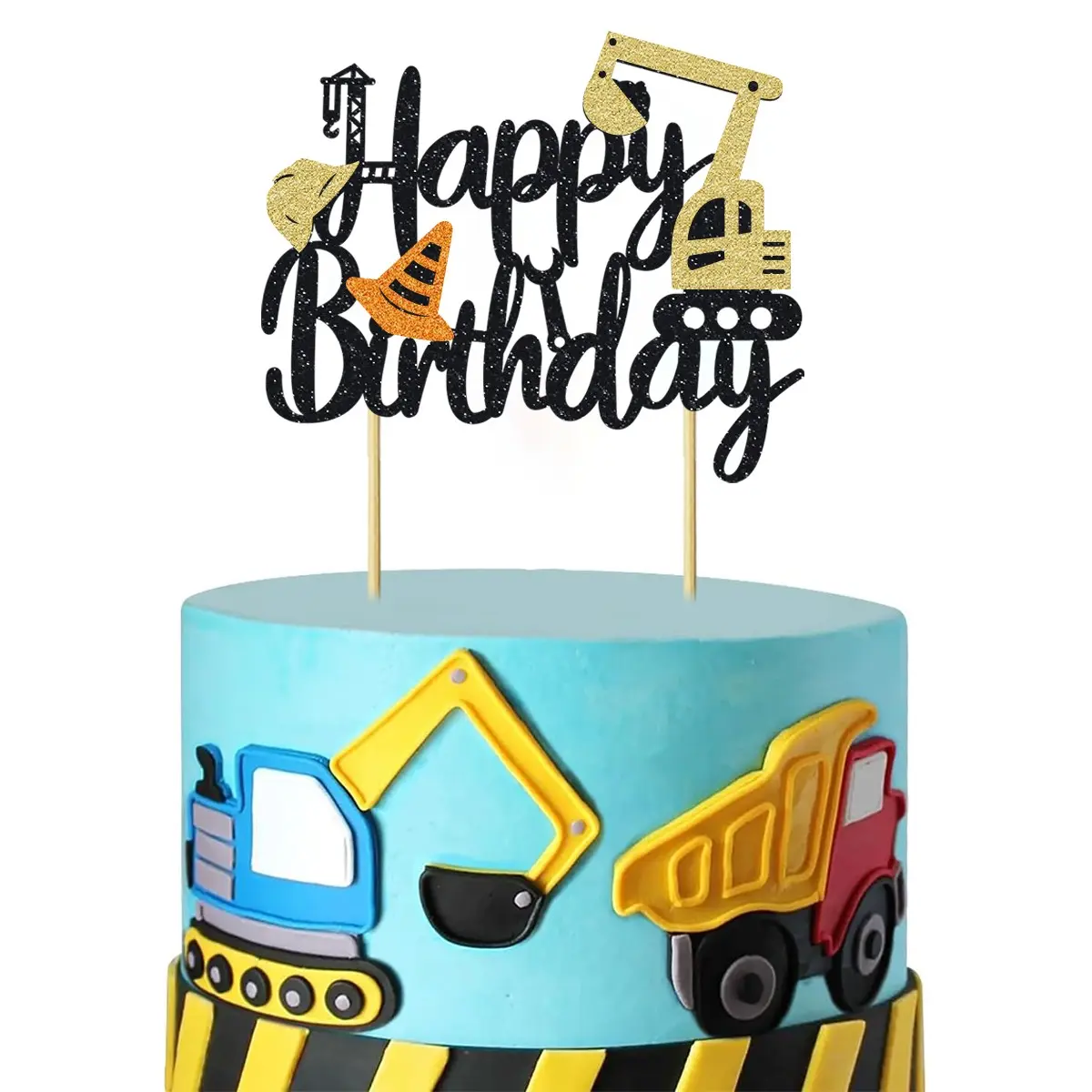 1pcs Excavator Happy Birthday Cake Topper Glitter Bamboo Construction Cake Pick Excavator Safety Helmet Cake Decorations for Construction Theme Birthday Party Supplies Cake Decorating Supplies
