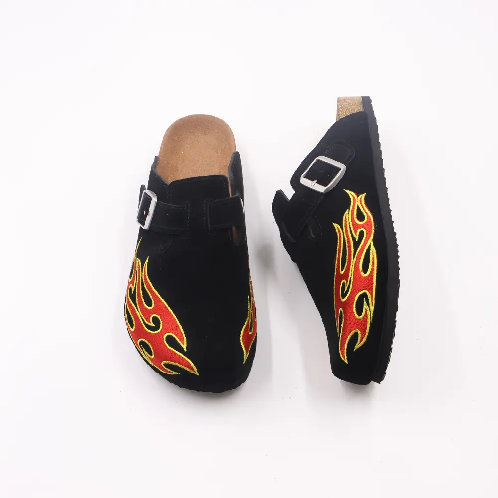 Men's Flame Embroidered Suede Clogs - Y2K Street Style Slip-On Mules, Comfort Cork Footbed, Adjustable Buckle, Non-Slip Casual Shoes for Men