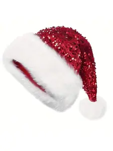 Christmas Dress-Up Sequin Ball Fuzzy Santa Hat Unisex Festive Headwear for Holiday Parties & Celebrations Lightweight Plush Material Costume Prop