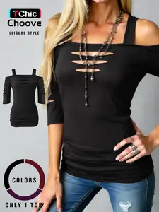 Women's Cut Out Shoulder Three Quarter Sleeve T-Shirt, Side Ruched Design, Soft Elastic Fabric, Casual Daily Wear