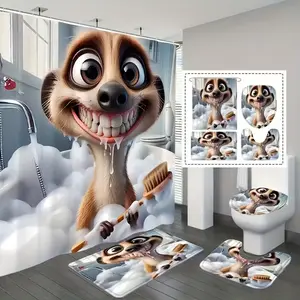1/4pcs Creative and fun anteater-patterned bathroom decor set, including shower curtain, toilet seat cover, rectangular bathroom mat, and U-shaped mat. for decorating your bathroom, with 12 shower curtain hooks, Bathroom decoration accessories