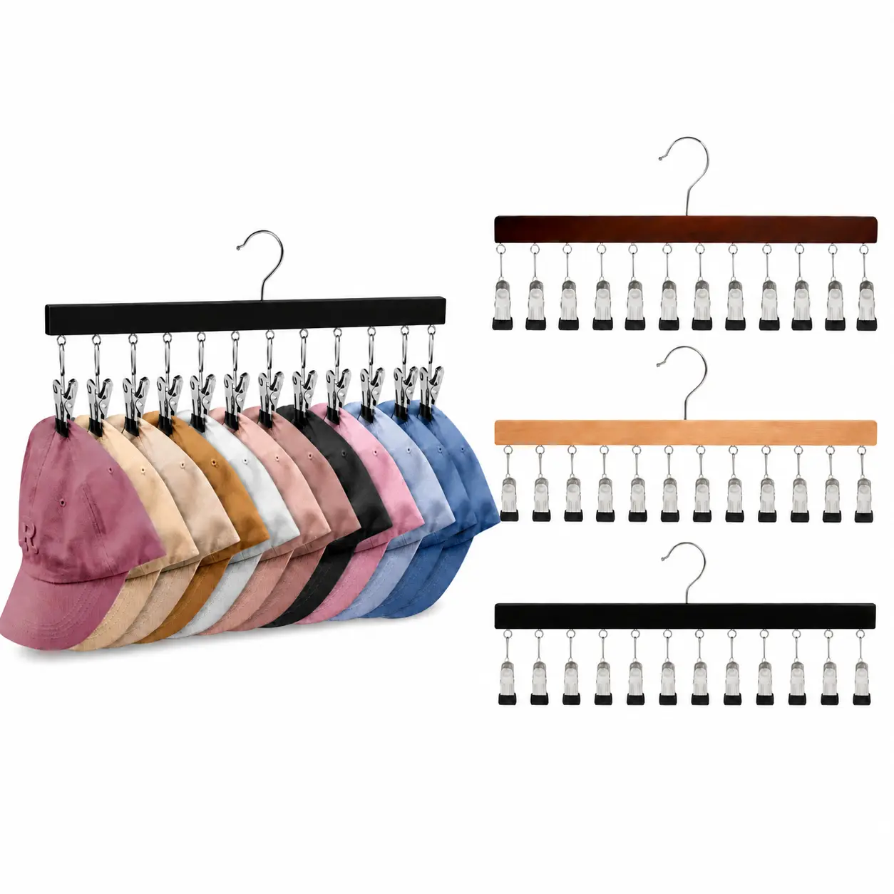 Durable Wooden Hat Organiser Rack - Hanging Closet Holder, 1-2 Pack Options (2 Pack with 24 Clips), 12 Non-Slip Stainless Steel Clips, Fits All Cap Sizes, Holds Baseball Caps, Jeans, Black