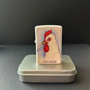 Retro Funny Fried Chicken Metal Lighter – Refillable Flip Top Vintage Pocket Lighter, Cool Gift for Him, Windproof Collectible Design(Fuel Not Included)