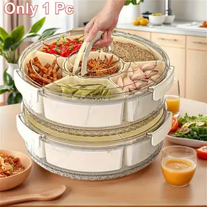 Portable  Compartment Rotating Snack Tray with Lid and Handle 360 Degree Rotating Storage Box for RV Refrigerator Campervan Party Picnic Travel Space Saving Multi Grid Storage Compatible with RV Fr