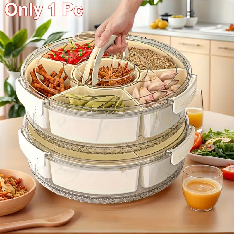 Portable  Compartment Rotating Snack Tray with Lid and Handle 360 Degree Rotating Storage Box for RV Refrigerator Campervan Party Picnic Travel Space Saving Multi Grid Storage Compatible with RV Fr