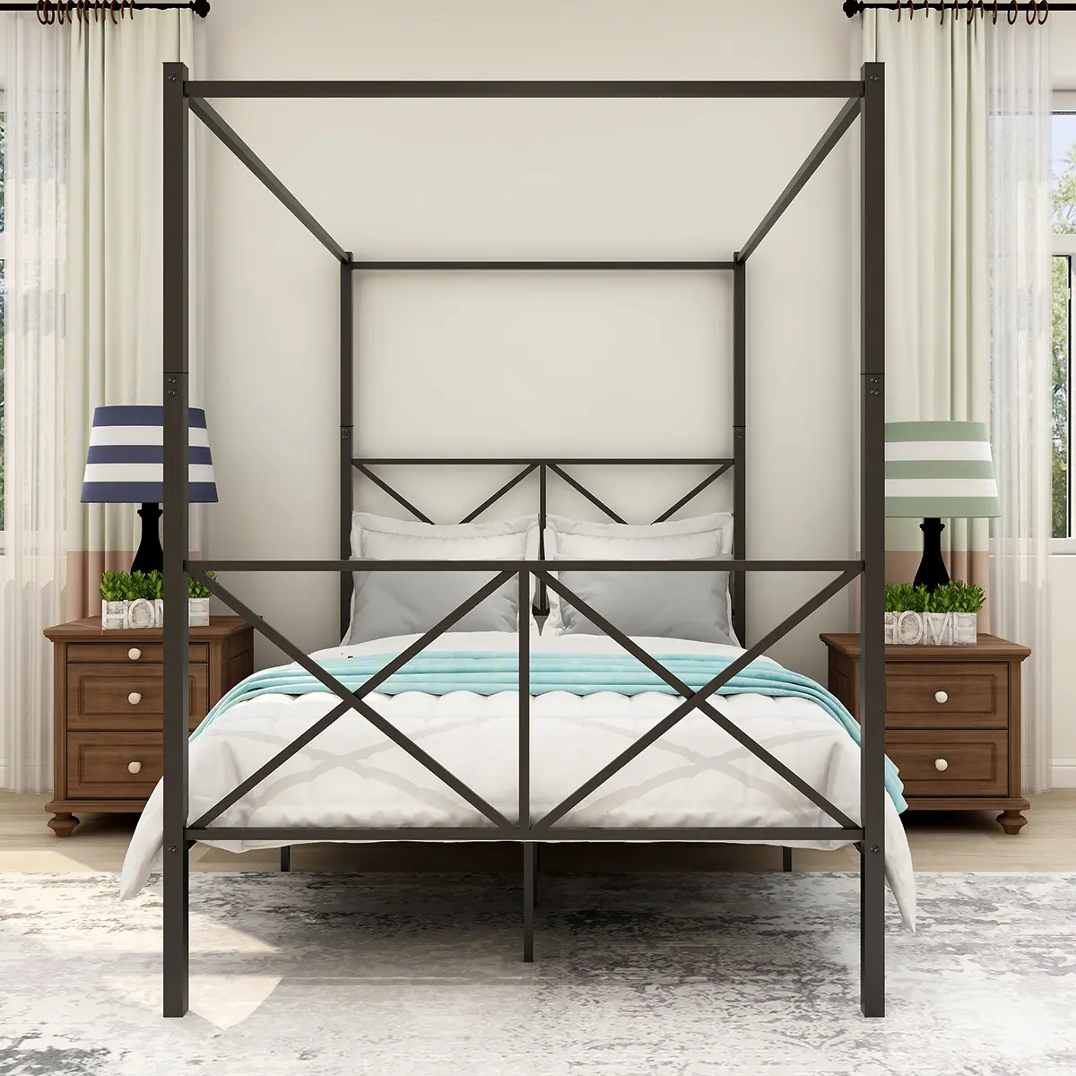 Full Size Black Metal 4-Poster Canopy Modern Platform Bed Frame with Built-in Headboard, Strong Slat Mattress Support, No Box Spring Needed