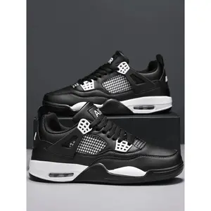 Men's Retro Basketball Inspired Sneakers, Air Cushion Sports Shoes, Breathable Mesh & Leather Upper, Print Detailing, Casual Streetwear Shoes for Training & Daily Wear