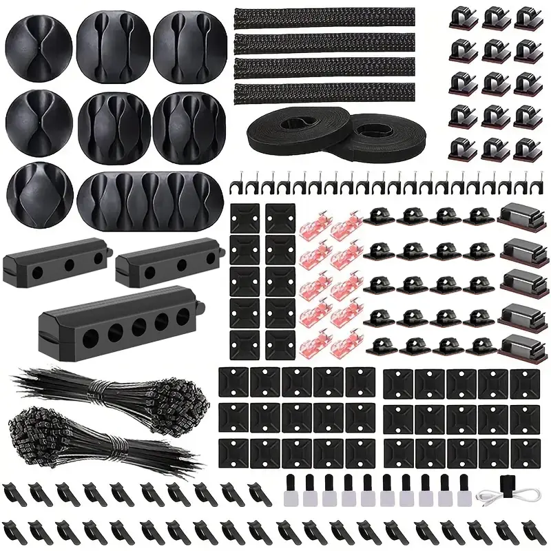 367-Piece Cable Management Tool Kit, Includes 4 Cable Sleeves, 43 Clips, 10 Wire Holders, 22 Ties, 20 Wall Mounts, 200 Fasteners, Desk Cable Organizer, Cable Organizers For Cords, Wire Organizers, Cord Organizers