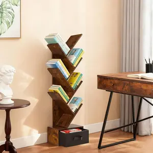 Rustic Brown Tree Bookshelf with Drawer, 4 or 7 Tier Slim Corner Bookcase for Small Space Living, Geometric Wooden Display Shelf for Bedroom, Apartment, Home Office – Storage Shelf