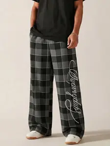 Men's Y2K Red and Black Plaid Wide-Leg Pants | Slogan Print Loose-Fit Pants | Casual Hip-Hop Skateboard Loungewear Pants | Retro Plaid Loose-Fit Bottoms | Trendy Y2K Style Comfortable and Soft Fabric Long Pants Suitable for Teenagers, Essential for Daily