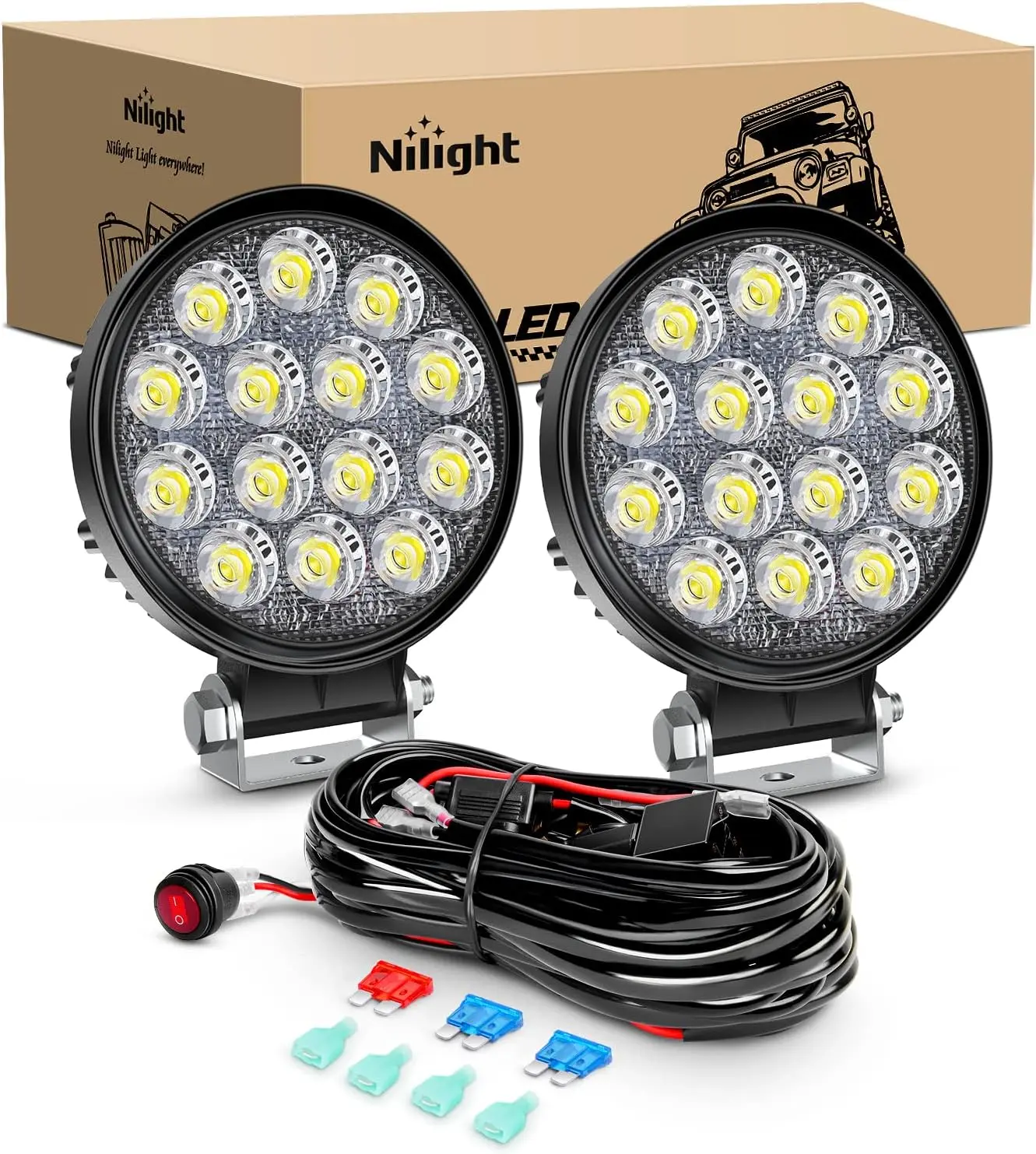 Nilight 2Pcs 4.5Inch 42W 4200LM Round Flood Off-Road Pods, 16AWG 2-Lead Wiring Harness Kit, LED Lights Car, Auxiliary Fog Driving Roof Work Lights, Auxiliary Lights