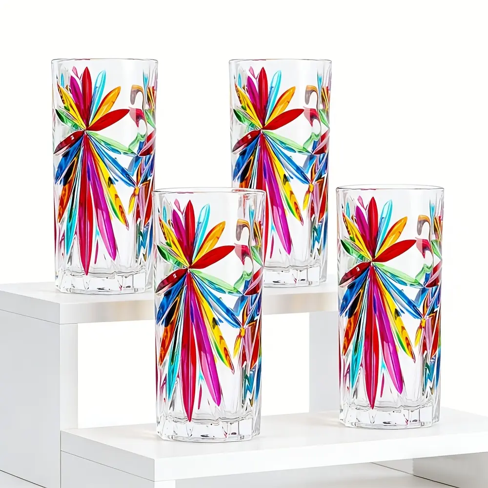 2pcs/4pcs Crystal Highball Glasses, Hand-drawn Glass Cups, 12.2oz Transparent Glasses Hand-Painted, Vintage Drinking Glassware for Soda, Tea, Water, And Parties, Kitchen Glassware, Best for Christmas, Perfect for Thanksgiving Drinkware