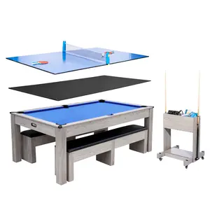 Convertible 7ft 3 in 1 Game Table, Transforms from Pool to Dining to Table Tennis, Comes with Cues, Balls, Ping Pong Set and Storage Cart, Space Efficient for Family Rec Room