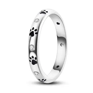 MULA Silver-Plated Pet Paw Print Elegant Everyday Ring - Black Enamel, Zirconia Minimalist Costume Jewelry Statement Ring, Ideal Gift for Animal-Loving Women, Statement Rings