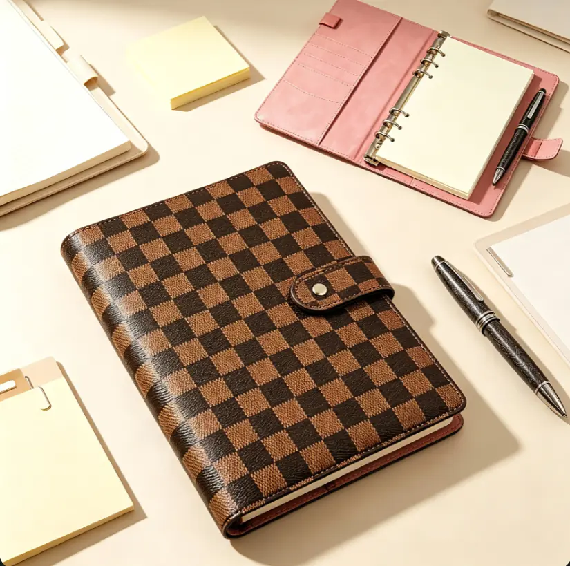 Checkered PU Leather Planner Cover A5 Ring Binder Notebook Cover, Snap Button Closure Journal Diary Protector, Luxury Vintage Checkerboard Agenda Organizer for Office School Daily Note Taking