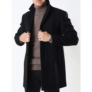 Men'S Classic Single-Breasted Trench Coat, Polyester 100% Solid Color, Casual Lapel Collar, Regular Fit, Non-Stretch Woven Fabric, Business Casual Fall/Winter Outerwear