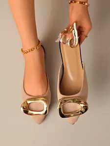 Women's Beige Suede Gold Buckle Pointed Toe Mule Slides - Slip-On Flats for Casual & Office Wear #muleslides #goldbuckleshoes #suedeflats #tiktokshoefinds #beigeflats