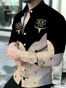 Western Style Color Block Denim Shirt, Men's Long Sleeve Casual Shirt, Fashion Printed Top, Casual Button Shirts