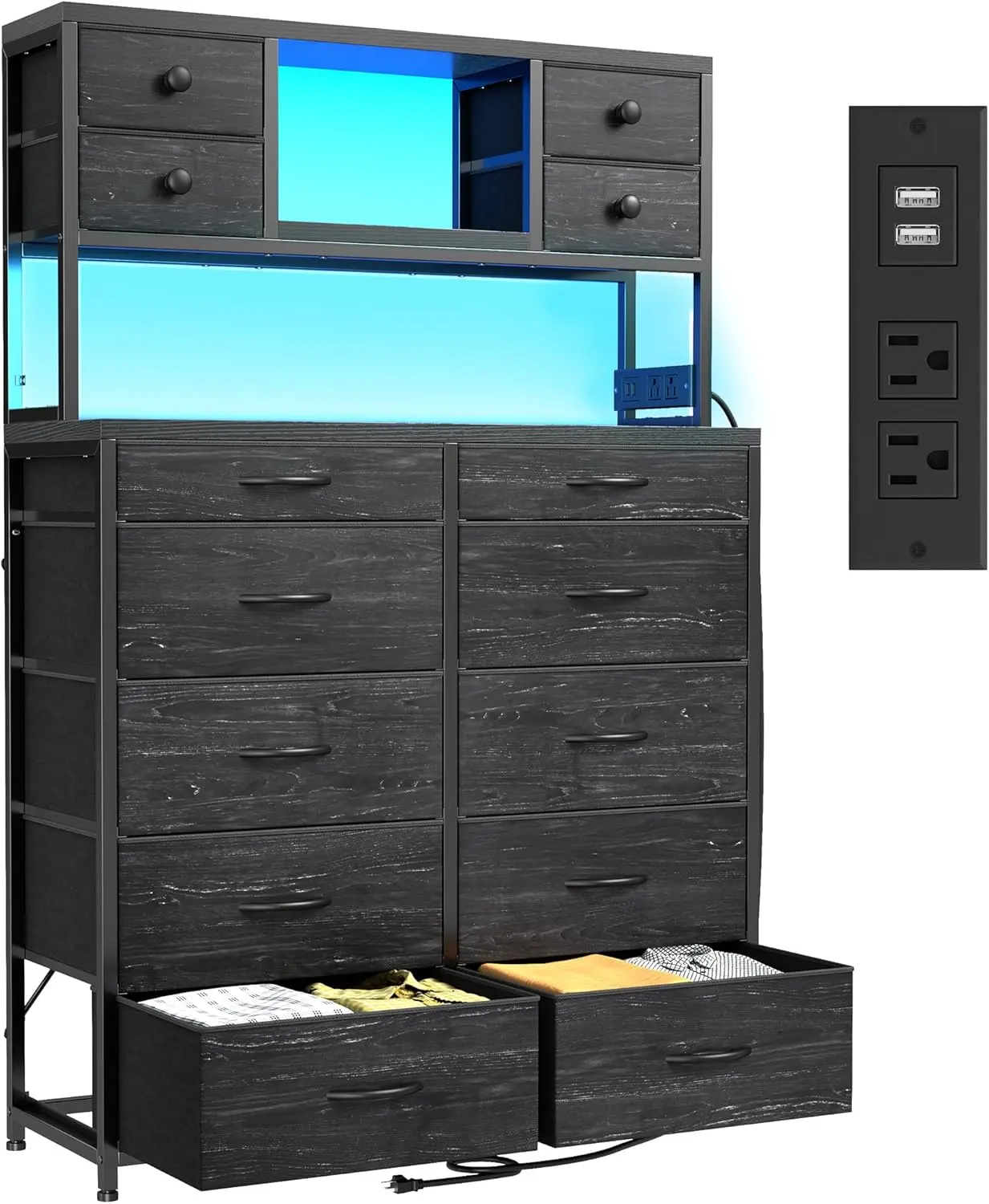 RaybeeFurniture Dresser with 14 Fabric Drawers,Tall Dresser for Bedroom with Charging Station and LED Lights,Dressers & Chests of Drawers for Bedroom, Steel Frame & Wooden Top for Closet, Entryway