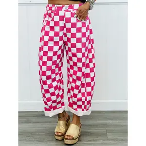 Pink Checkered Print Denim Barrel Pants (Reg. and Plus)