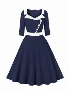 Women's Vintage Navy Blue Contrast Square Neck Half Sleeve Midi Halloween Party Retro Dress A-Line Rock Cocktail Dress OutdoorFun