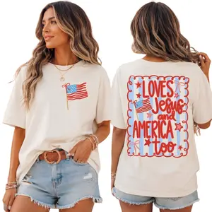 Comfort Colors Loves Jesus and America Too Shirt, Patriotic Coquette Bow Tee, American Flag 4th of July Shirt - AG