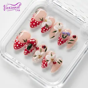 Voxinail Lab | Strawberry Garden | Handmade Almond Press-On Nails | Acrylic, Reusable, Long-Lasting
