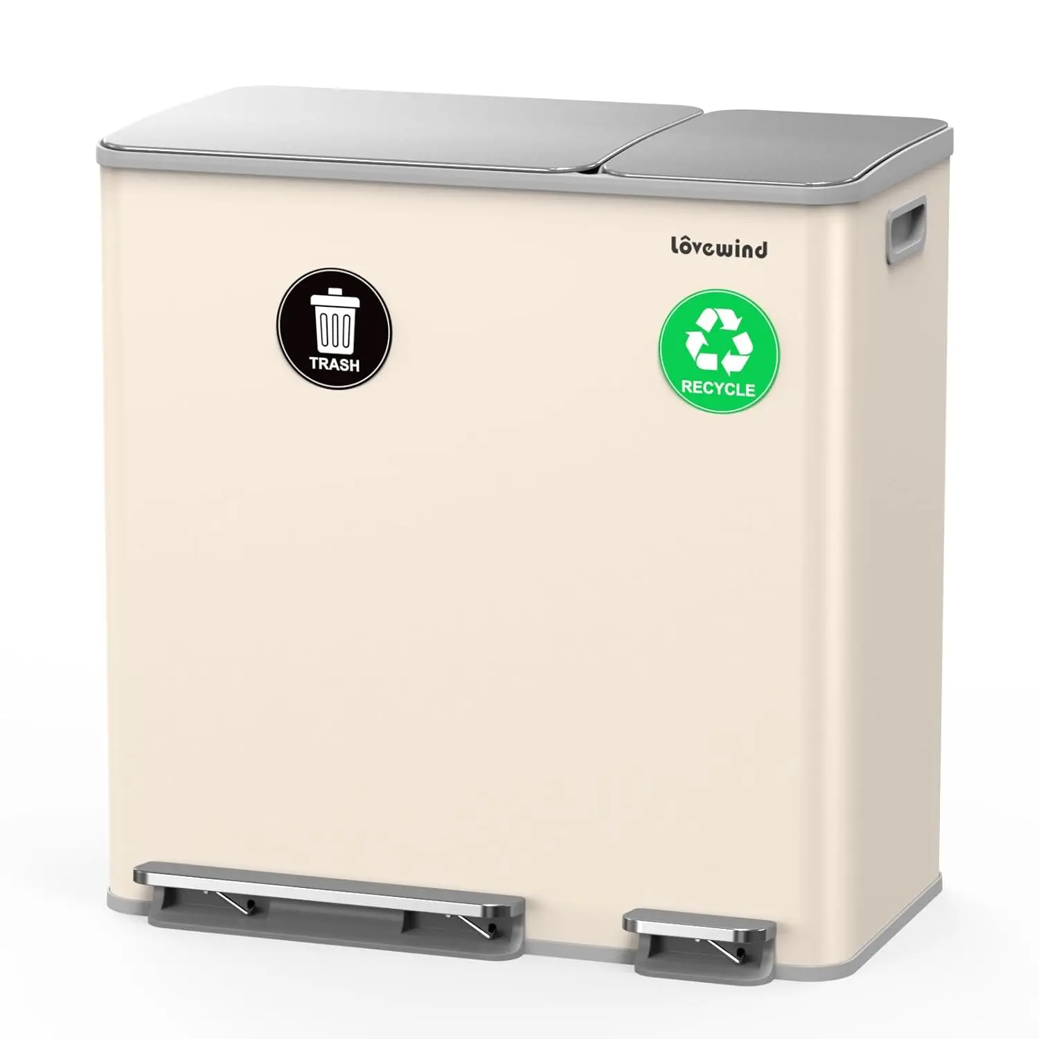 Dual Trash and Recycling Bins for Kitchen, 13.2 + 5.2 Gal (50+20L) Stainless Steel Trash and Recycle Bin Combo with Soft-Close Lid, Large Garbage Cans for Kitchen Home with 2 Magnets Sticker, Apricot