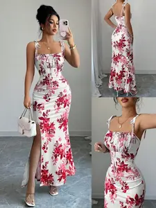 New Women's Thin Strap Lightweight Butterfly Knot Waist Ruched Hem Split Dress, Perfect for Dates, Parties, Daily Wear, Slimming and Elegant