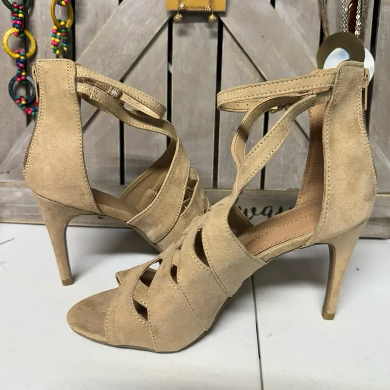Christian Siriano for Payless Beige Strappy Ankle Strap Open Toe Heels - Elegant Suede Design