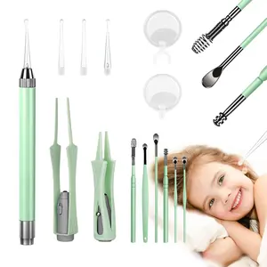 15 Pack Ear Wax Removal Tool Kit with LED Light Family-Friendly Ear Cleaning Set for Kids & Adults Soft Spoon Tweezers Stainless Steel Picks Green Ear Hygiene Set Daily