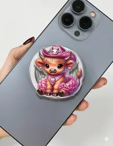 Cute Cowgirl Highland Cow Phone Grip, Pink Texas Hat & Tutu Skirt Cow Phone Holder, Country Baby Girl Western Kindle Grip, Gift for Girls Boys