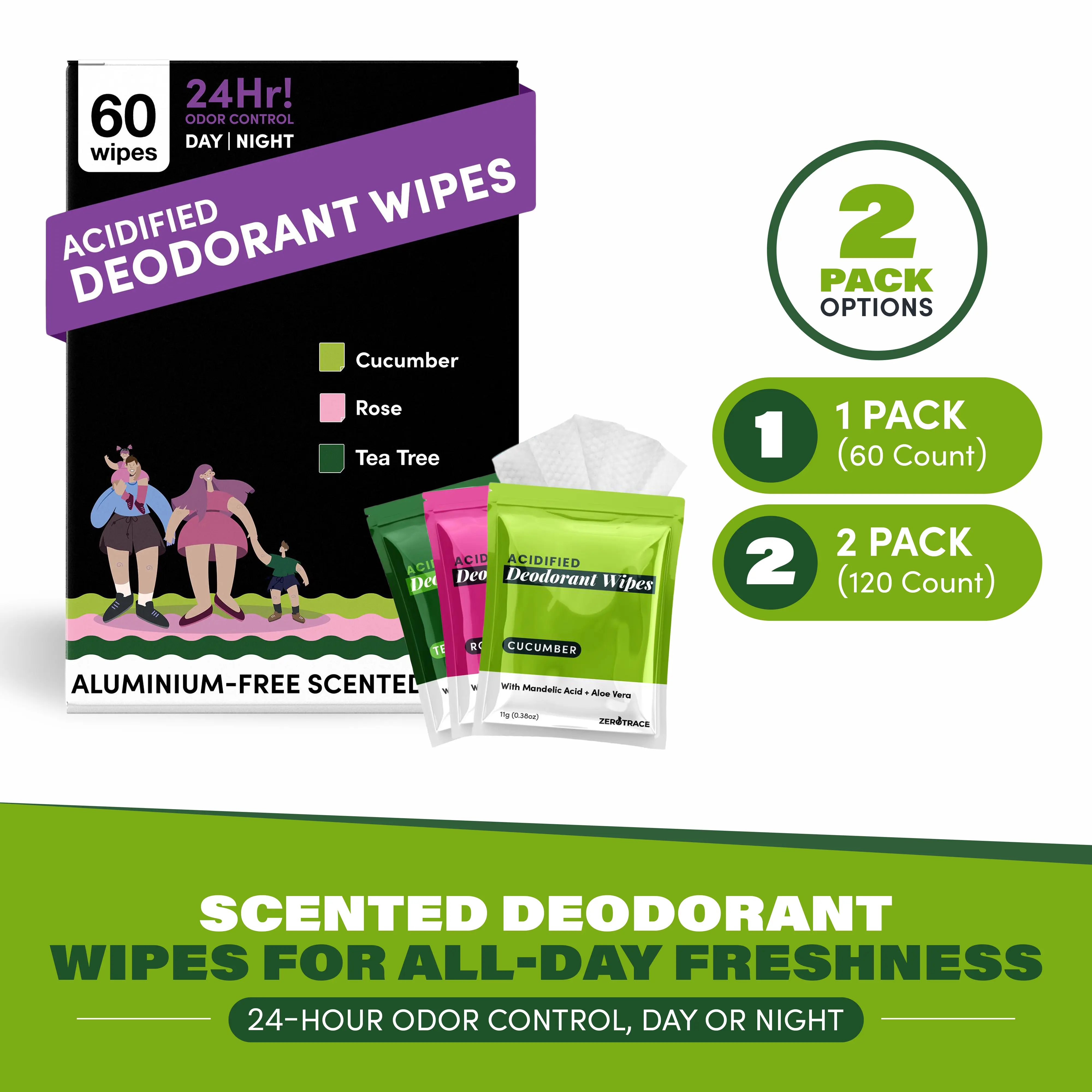 Zero Trace Travel Deodorant Wipes - 60 Count- 24 Hour Odor Control - Aluminum Free Hypoallergenic Mini Deodorant For Women and Men - Individually Wrapped Underarm & Body Wipes- Fresh Botanics Aloe Gentle