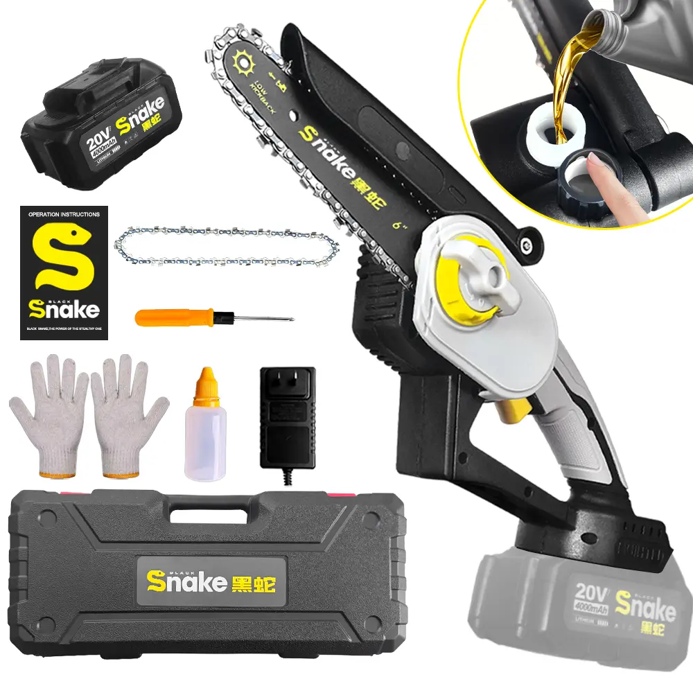 Black Snake Mini Chainsaw, 6-inch handheld electric chainsaw, equipped with two 4000mAh batteries, features an automatic oiler, safety lock, and adjustment-free button, ideal for pruning branches and cutting wood, a perfect gift for both men and women.