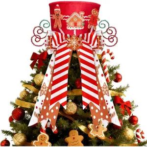 Gingerbread Christmas Tree Topper Red Top Hat with Candy Cane Gingerbread House Cookie Decoration Bow Winter Holiday Christmas Tree Home Decor 3D Wreath Ornament Festive Gift Idea
