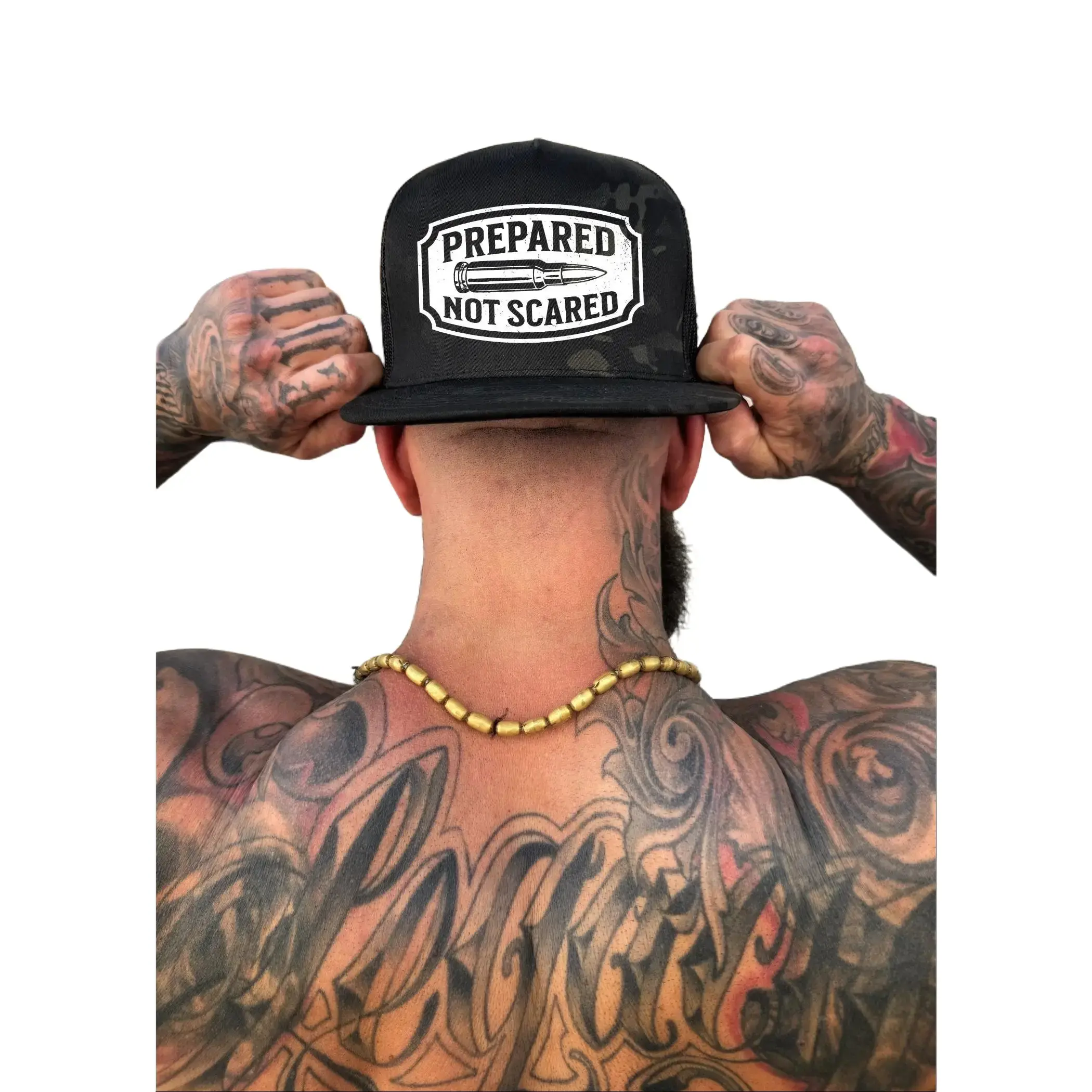 TheDriveClothing Prepared Black Camo Flat Bill Snapback Hat – White Print Trucker Cap, Black Camo Mesh Back Hat, Structured Flat Brim Streetwear Headwear
