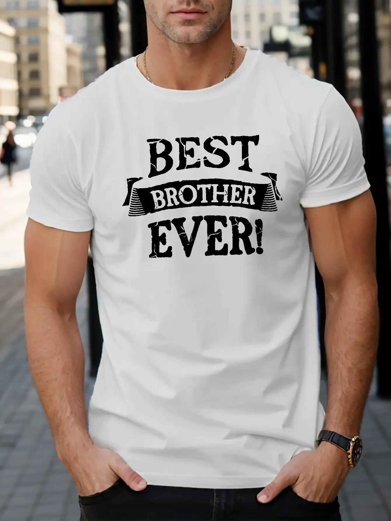 Best Brother Ever" Men's T-Shirt - Casual Short Sleeve, Polyester, Geometric Print, Round Neck, Machine Washable - Perfect for All Seasons