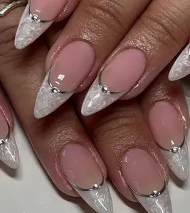 Handmade White French Tip Press On Nails, Silver Accent Nail Art