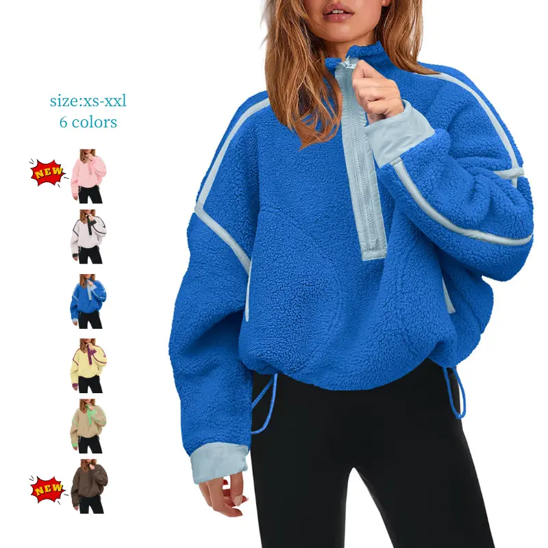 Mundoven Lady's Basic Half-Zip Fleece Sweatshirt, Long-Sleeve Oversized Crop Pullover Hoodie with Pocket (Womenswear), Casual, Half Zip Sweatshirt, Drop Shoulder