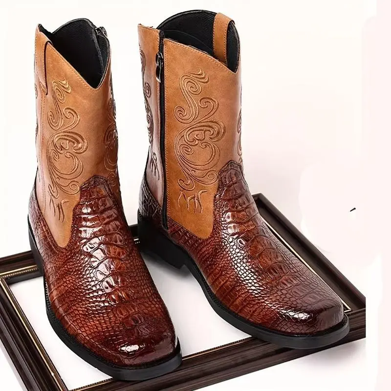 Plus Size Men's Comfy Vintage High Top Western Style Cowboy Boots with Non Slip Durable Rubber Sole and Side Zipper Riding Shoes Fathersdaygift Footwear Closed Decor ankle boot grip sturdy backcountry everyday