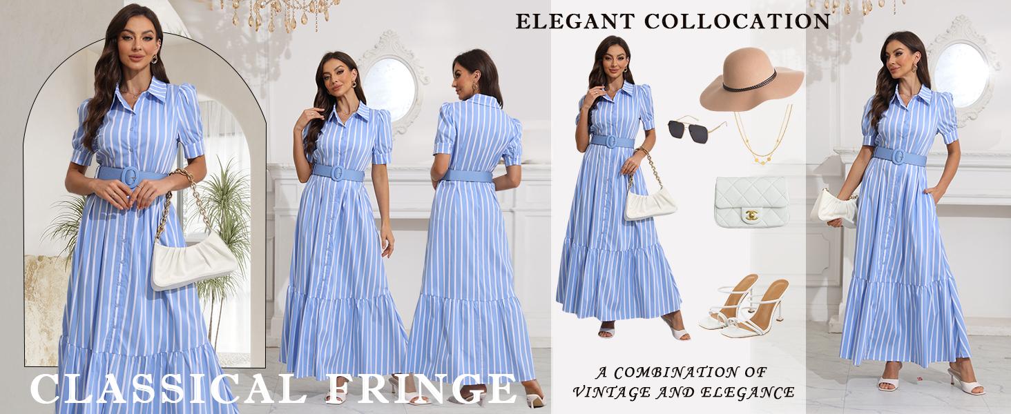 EBOSSY Women's Striped Button-Down Shirt Dress, Casual Puff Short-Sleeve Ruffle Hem Maxi Dress with Belt for Summer-Spring Casual Wear, Womenswear Stripe Pattern Design