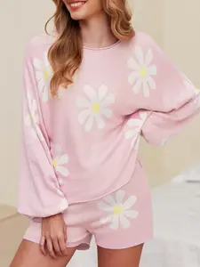Long Sleeve Loungewear Pajama set, Knitted Loose Fit Comfy Top and Short, Comfort Essential, Boho Style, Floral Print, Women's wear, Two-Piece Set with drawing, Casual, Travel